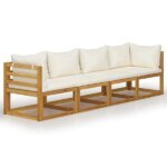 kreminė keturvietė sodo sofa su pagalvėlėmis akacijos medienos rėmu