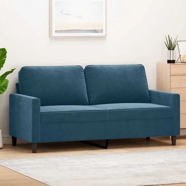 Mėlynos spalvos aksominė sofa su tvirtu rėmu