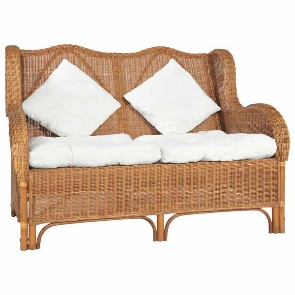 Šviesiai ruda dvivietė sofa iš natūralaus ratano ir lino, vaizdas iš priekio