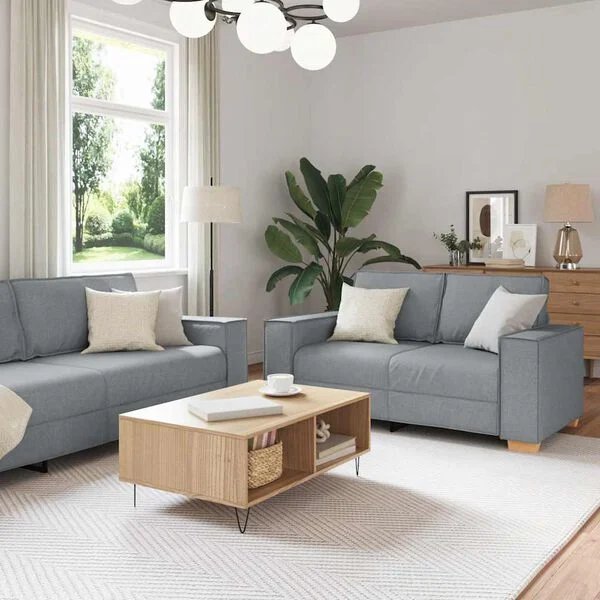 Šviesiai pilka sofa komplektas kampu iš lino mišinio audinio