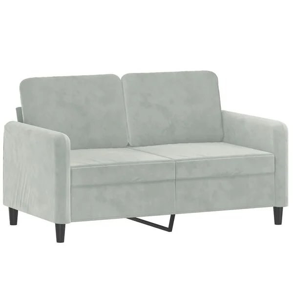 Stilinga ir patogi šviesiai pilka sofa su metaliniu ir faneriniu rėmu