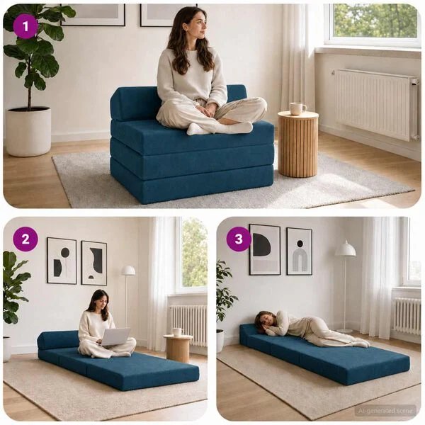 Sulankstoma sofa lova išpakuojama iš vakuuminės pakuotės