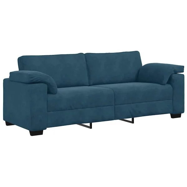 Mėlyna Opto.lt trivietė aksominė sofa su storai paminkštintomis sėdynėmis