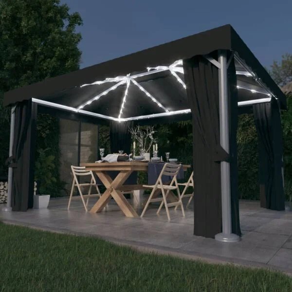 vidaXL antracito pavėsinė su užuolaidomis ir LED apšvietimu