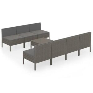 pilkas lauko baldų komplektas su pagalvėlėmis ir staliuku