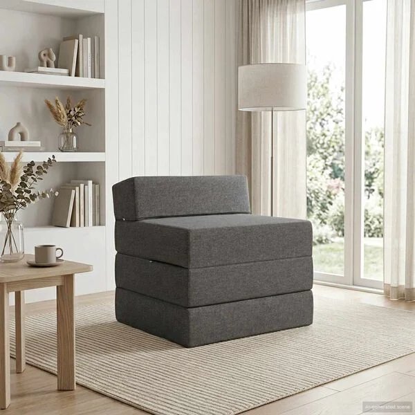 Sulankstoma sofa-lova šviesiai pilka, vaizdas iš šono
