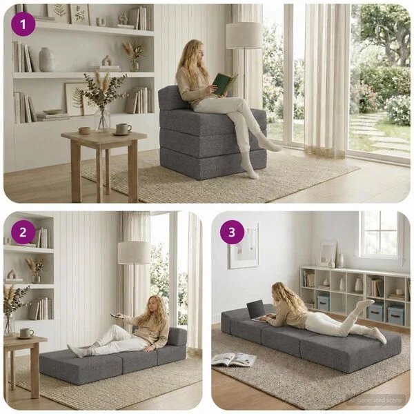 Sulankstoma sofa-lova šviesiai pilka, tinka svetainėms ir miegamiesiems