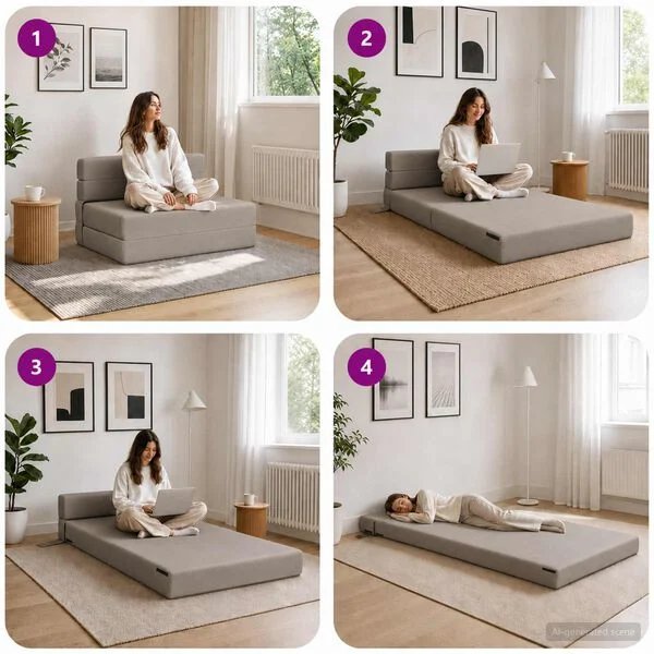 Sulankstoma sofa lova šviesiai pilka, patogi sėdima dalis
