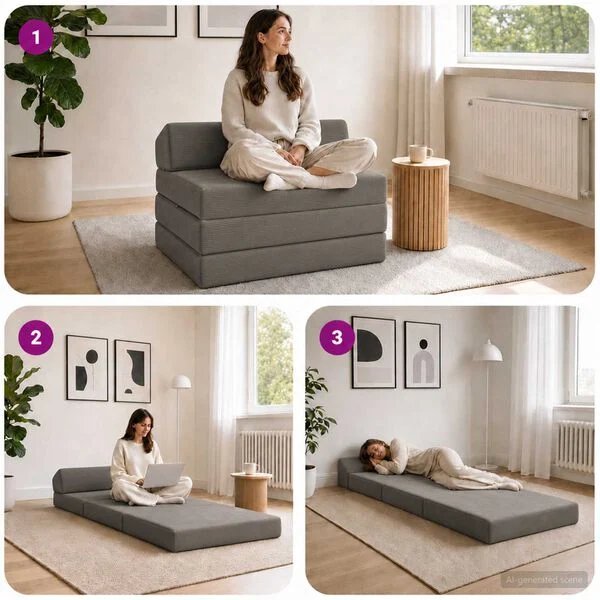 Sulankstoma sofa lova su patogiomis putomis šviesiai pilka