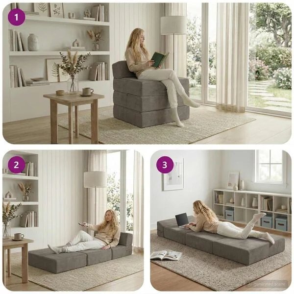Sulankstoma sofa-lova šviesiai pilka, patogi ir funkcionali