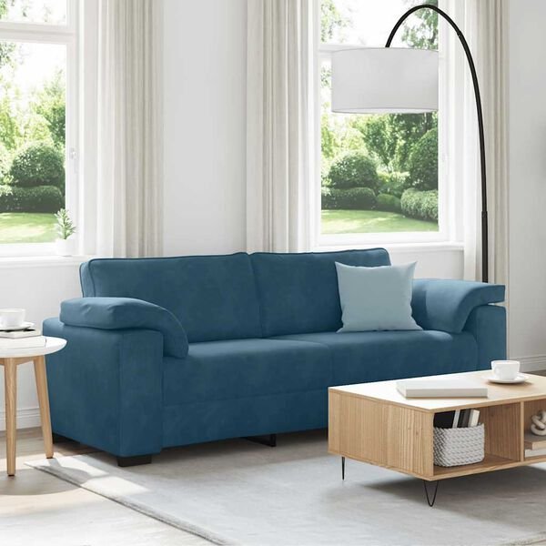 Mėlyna aksominė sofa su faneros ir metalo rėmu
