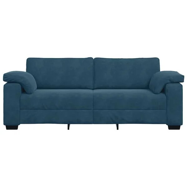 Moderni mėlyna aksominė sofa su patogiomis pagalvėlėmis