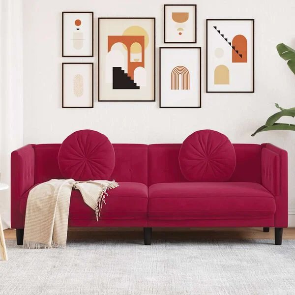 vidaXL Trivietė sofa vyno raudonos spalvos aksomas - kampinis vaizdas