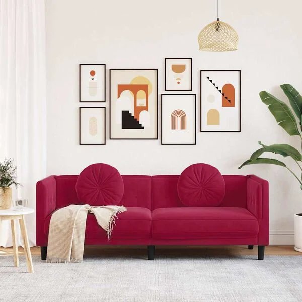 vidaXL Trivietė sofa vyno raudonos spalvos aksomas - iš arti