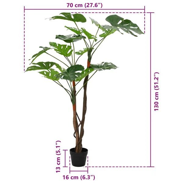 Pilnas dirbtinio Monstera augalo vaizdas su vazonu