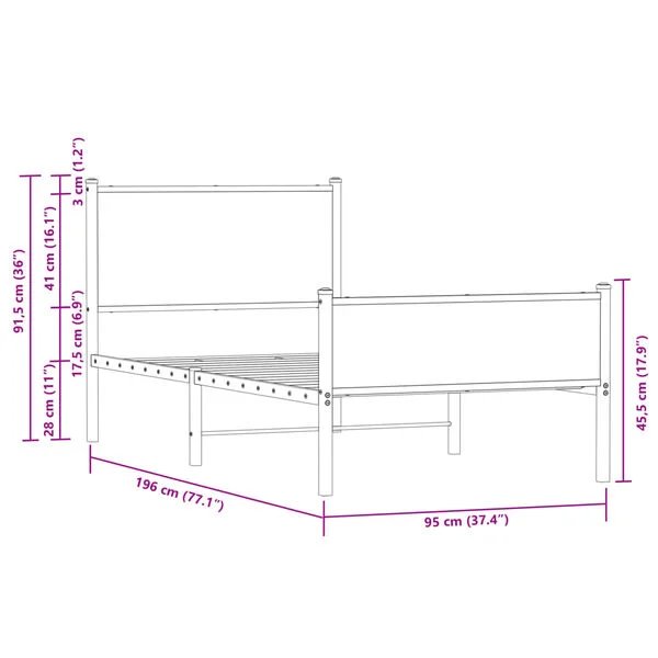 vidaXL lovos rėmas sonoma ąžuolo spalvos, 90x190 cm, mediena ir metalas