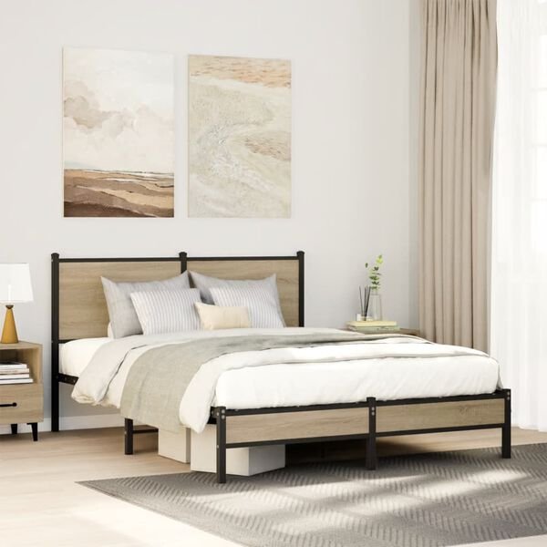 vidaXL lovos rėmas sonoma ąžuolo spalvos, 140x190 cm, metalas šoninis vaizdas