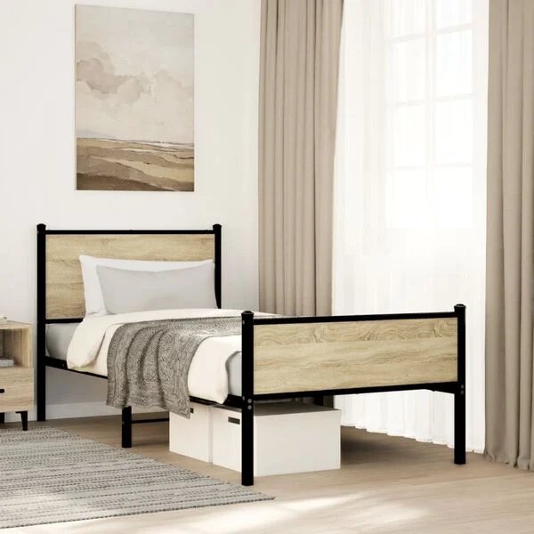 vidaXL lovos rėmas sonoma ąžuolo spalvos, 90x190 cm, metalas