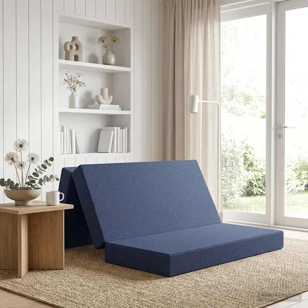Sulankstoma mėlyna sofa lova Opto.lt išskleista į lovą