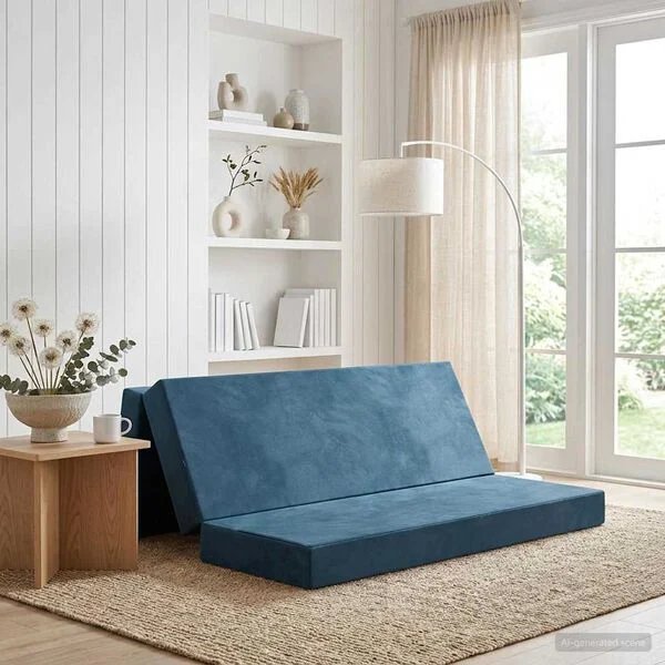 Sofa Opto.lt sulankstyta į lovą, mėlynos spalvos aksomas