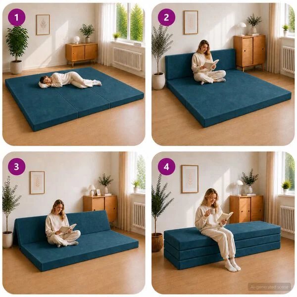 Patogi mėlyna aksominė sofa lova Opto.lt su reguliuojamu mechanizmu
