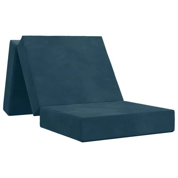 Sulankstoma aksominė sofa lova mėlyna, vaizdas iš priekio