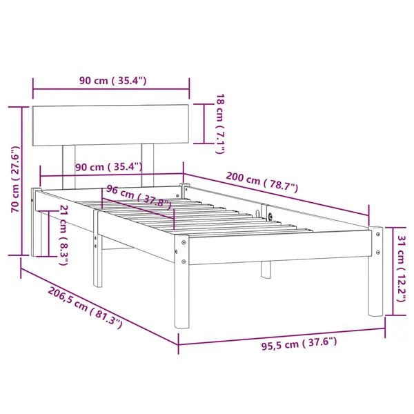 Pilnas baltos spalvos medinis lovos rėmas 90x200cm