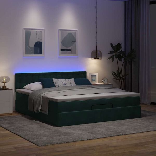 vidaXL Osmanų lova su čiužiniu ir LED Tamsiai žalia 180x200cm Velvet, LED apšvietimas lovos galvūgalyje