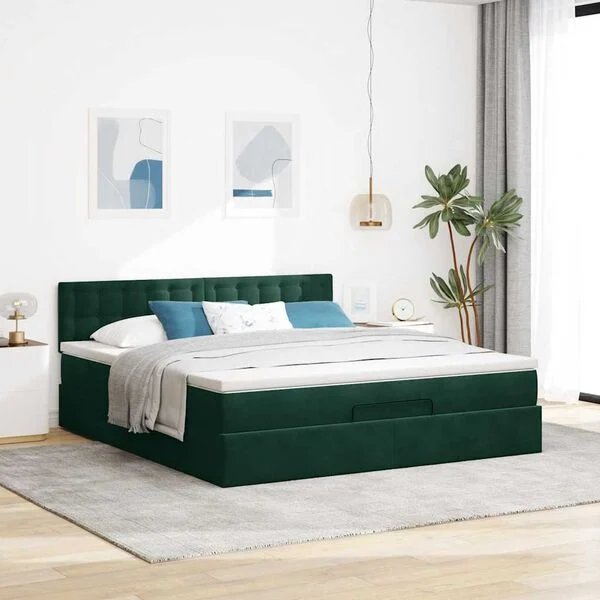 vidaXL Osmanų lova su čiužiniu ir LED Tamsiai žalia 180x200cm Velvet, hidraulinis pakėlimo mechanizmas