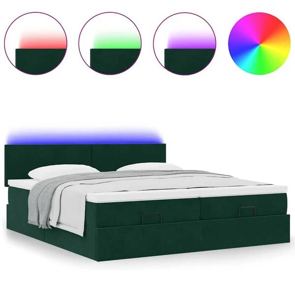 vidaXL Osmanų lova su čiužiniu ir LED Tamsiai žalia 180x200cm Velvet, saugykla po lova atidaryta