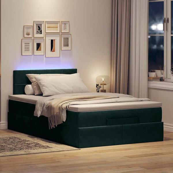 vidaXL Osmanų lova su čiužiniu ir LED tamsiai žalias 120x190cm aksomas - LED apšvietimas