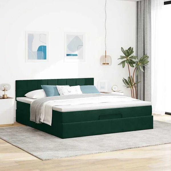 vidaXL Osmanų lova su čiužiniu ir LED Tamsiai žalia 180x200cm Velvet - LED apšvietimas
