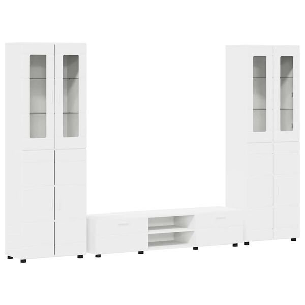 balti svetainės baldų komplektai su funkcionaliu saugojimu ir stiklinėmis durimis