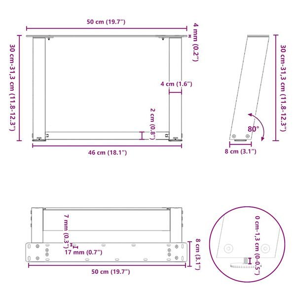 Kavos staliuko kojelės, U formos, 2 vnt., natūralus plienas, 50x(30-31) cm, plienas Natūrali 50 x (30-31) cm nuotrauka 10