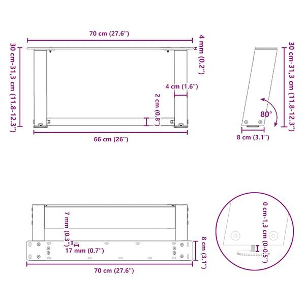 Kavos staliuko kojelės, U formos, 2 vnt., natūralus plienas, 70x(30-31) cm, plienas Natūrali 70 x (30-31) cm nuotrauka 10