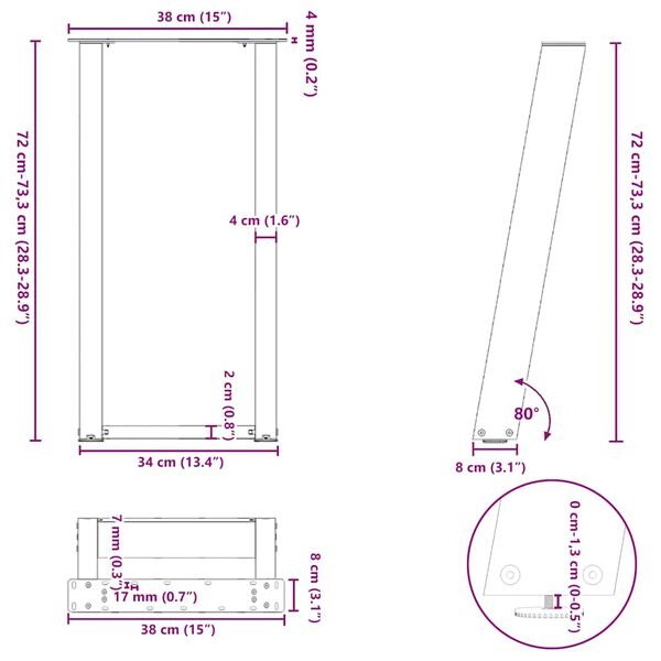Konsolinio stalo kojelės, U formos, 2 vnt., natūralus plienas, 38x(72-73) cm, plienas Natūrali 38 x (72-73) cm nuotrauka 10