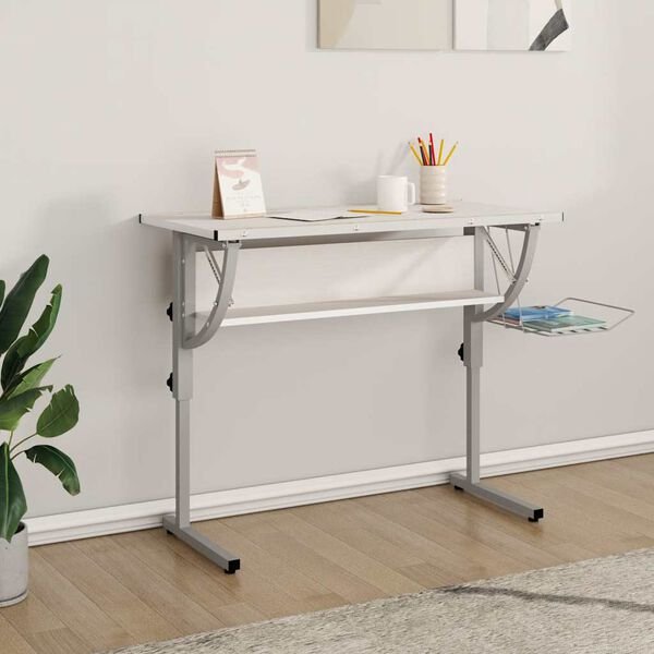 Stalas, baltas/pilkas, 110x53x(58–87)cm, mediena/plienas Balta nuotrauka 2